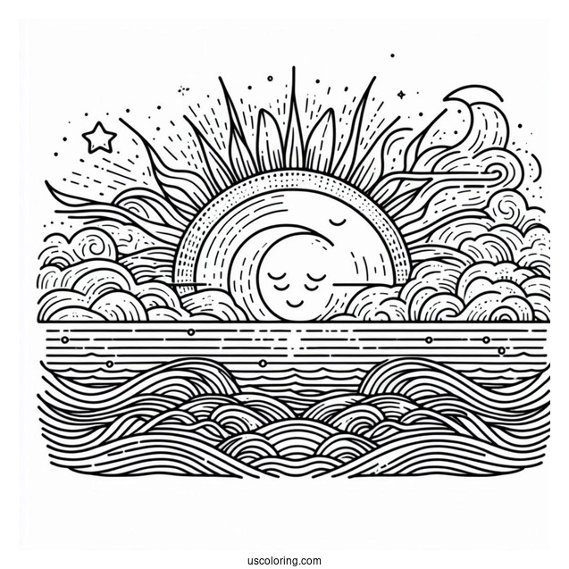 Sun Shining Over The Ocean To Color