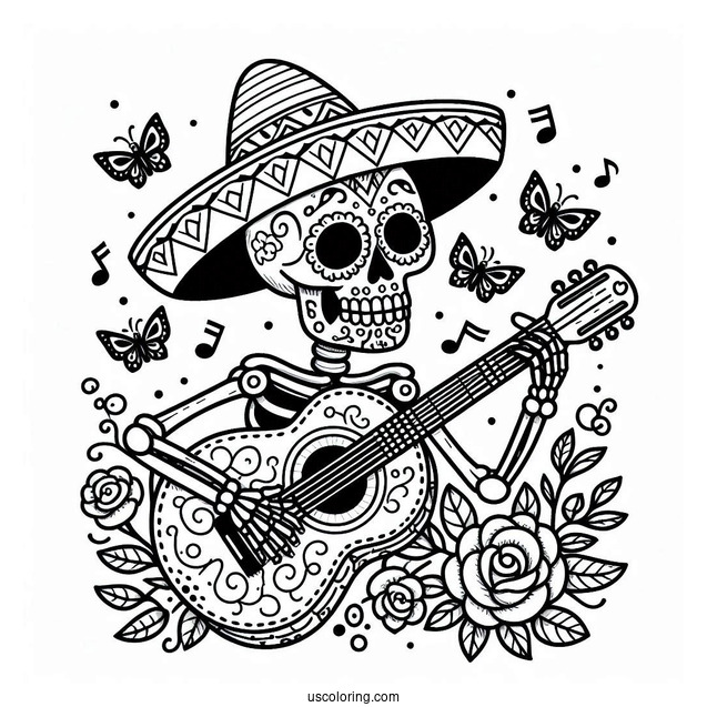 Sugar Skulls Coloring Page Of Skeleton Wearing Sombrero And Playing The Guitar