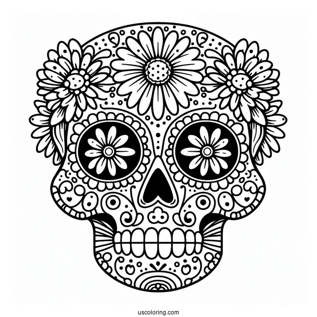 Daisy Patterned Sugar Skull Coloring Page