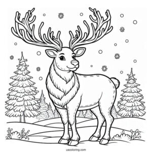 Coloring Page Of a Large Male Reindeer During Winter