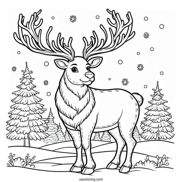 Coloring Page Of a Large Male Reindeer During Winter