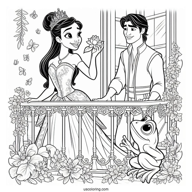 Tiana, Ray, And Frog Prince Naveen On Balcony Coloring In