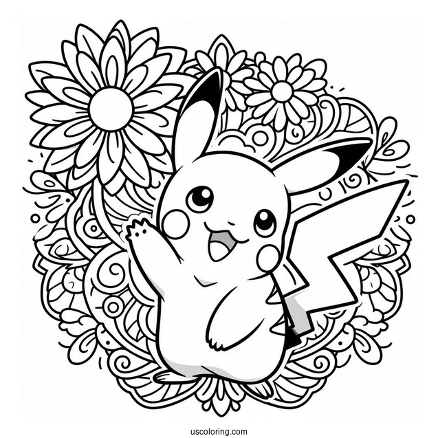 Waving Pikachu Flower Mandala Coloring Sheet