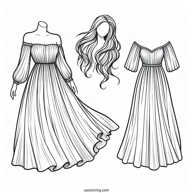 Off Shoulder Long Dress Coloring Page For Kids