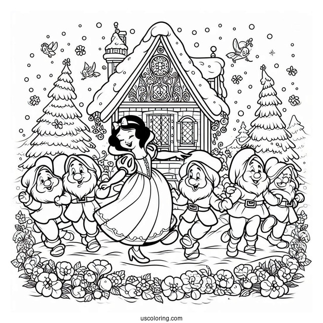 The Seven Dwarves Dancing Around Snow White Coloring Pages