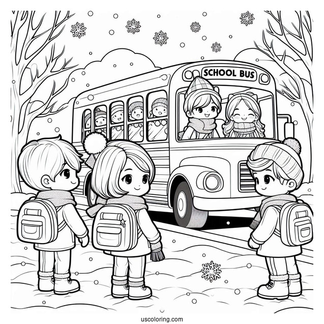 Cute Children Waiting For School Bus Coloring Page In The Snow