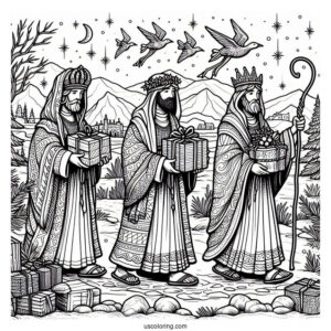 Nativity Coloring Page Of Three Kings Carrying Gifts For Jesus