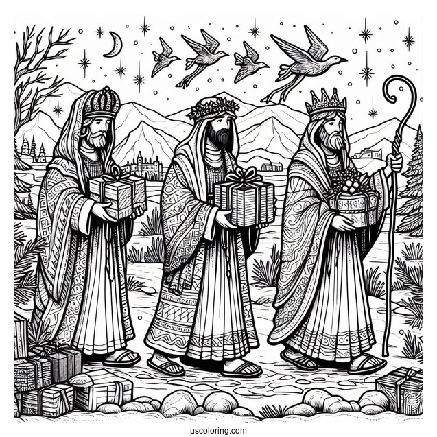Nativity Coloring Page Of Three Kings Carrying Gifts For Jesus