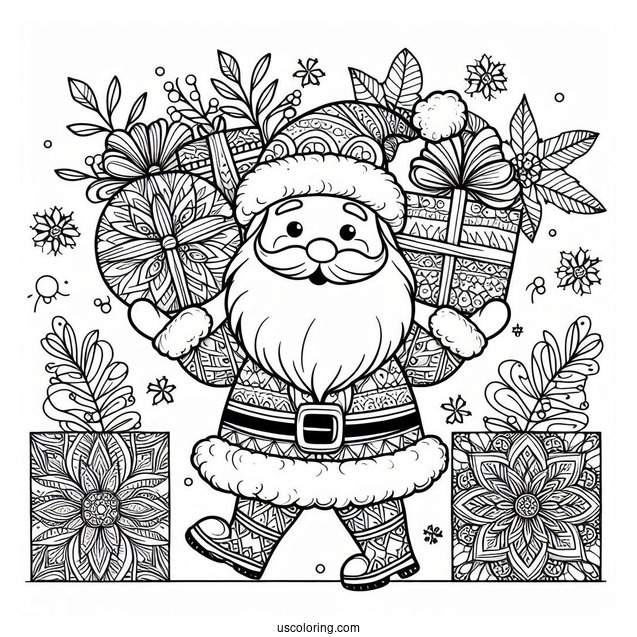 Santa Claus Carrying Presents Christmas Mandala Coloring Page For Kids