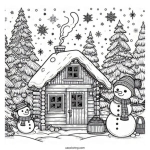 Christmas Coloring Pages For Adults Of Realistic Cabin In Winter With Snowman Outside Coloring Sheet
