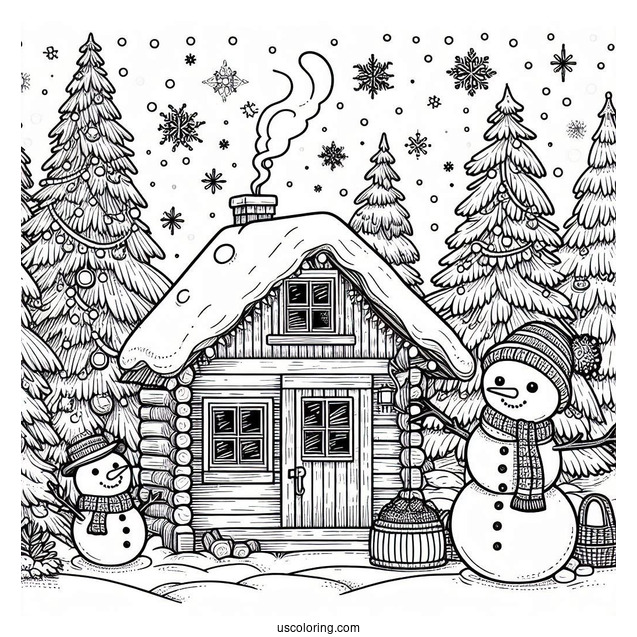 Christmas Coloring Pages For Adults Of Realistic Cabin In Winter With Snowman Outside Coloring Sheet