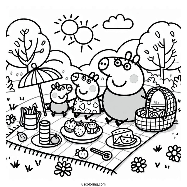 Peppa Pig Family Having A Picnic Coloring Page