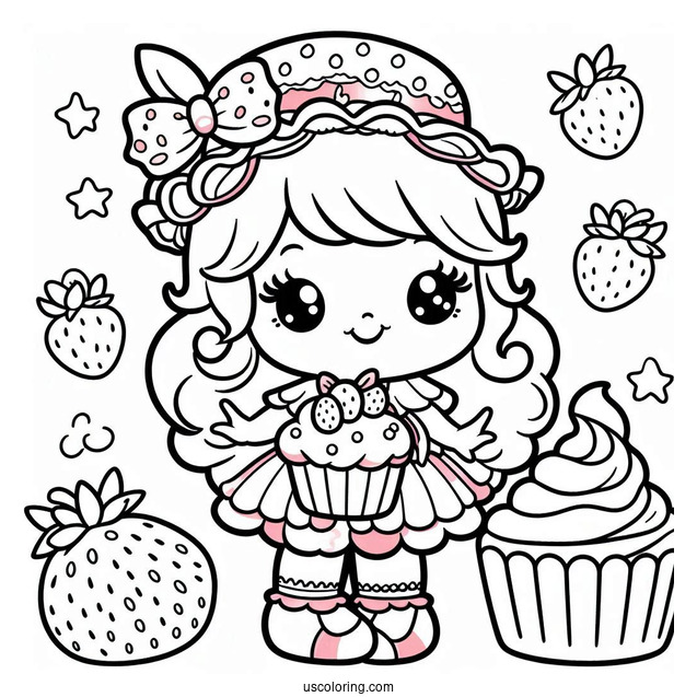 Strawberry Shortcake Coloring Page Holding Cupcake