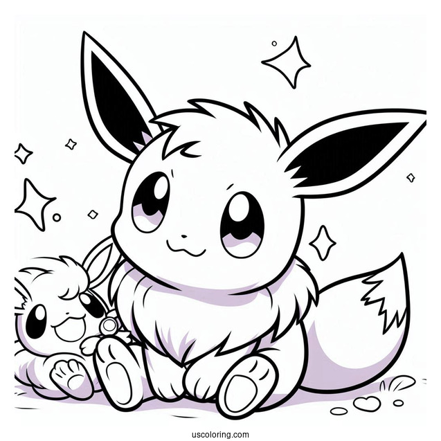 Coloring Page Of Little Eevee Playing With Gengar