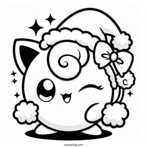 Pokemon Christmas Coloring Page Winking Jigglypuff Wearing Santa Hat For Kids