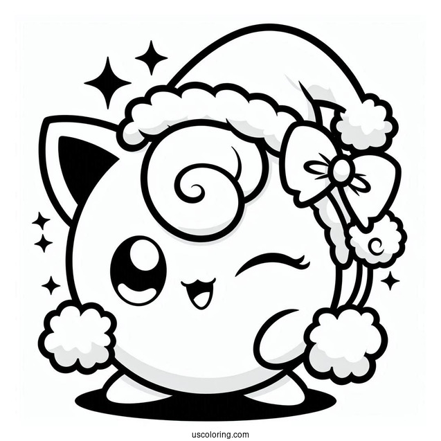 Pokemon Christmas Coloring Page Winking Jigglypuff Wearing Santa Hat For Kids