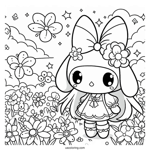 My Melody Coloring Page In Flower Field With Kuromi