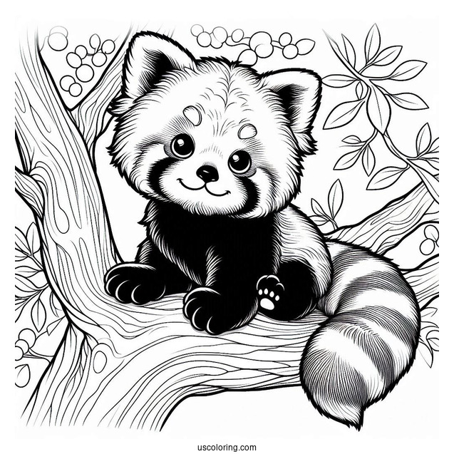 Red Panda Sitting In Tree To Color
