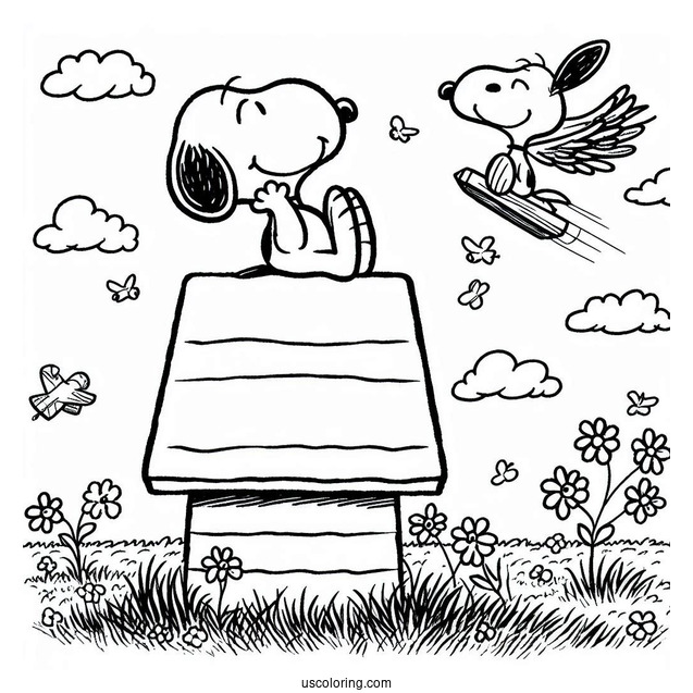 Snoopy Sitting On Dog House Imagining He Is Flying
