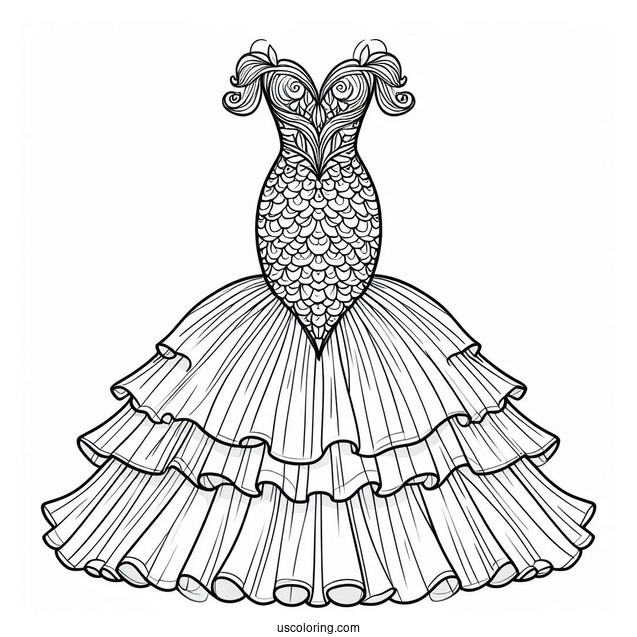 Mermaid Dress Coloring Page With Large Layered Tulle Bottom