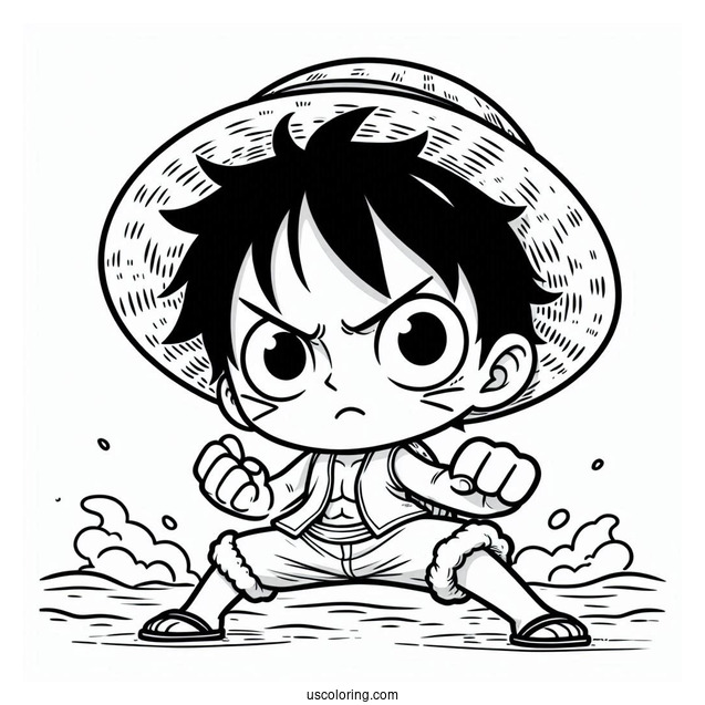 Kawaii Luffy Coloring Page In Fighting Pose On The Sea For Kids