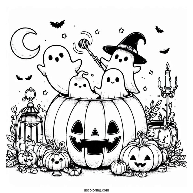 Cute Ghosts Coming Out Of A Pumpkin Coloring Page For Kids