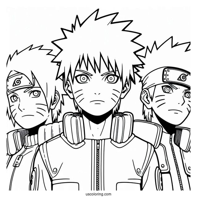 Kakashi Coloring Page Of Obito, Rin, Minato, And Young Naruto For Kids