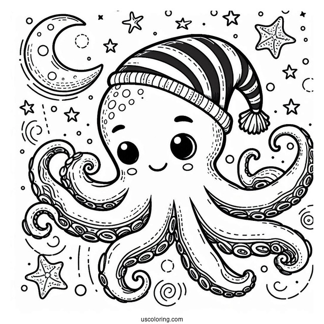 Octopus Coloring Page Wearing Night Cap