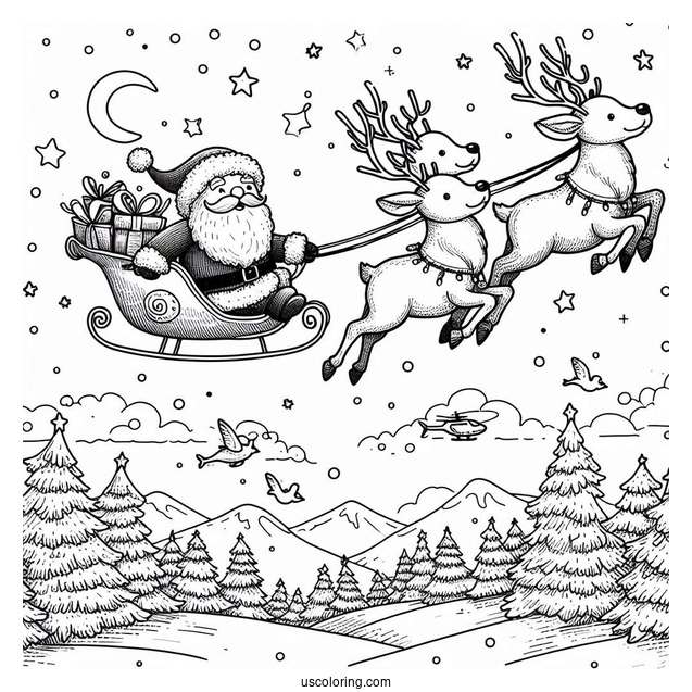 Santa Flying In The Sky With His Reindeer