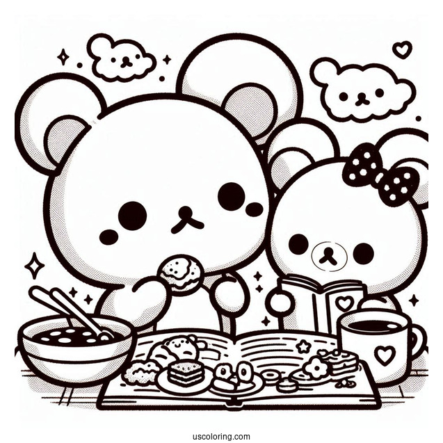 Rilakkuma Coloring Page Of Korilakkuma, And Kiiroitori Eating While Reading Magazine For Kids