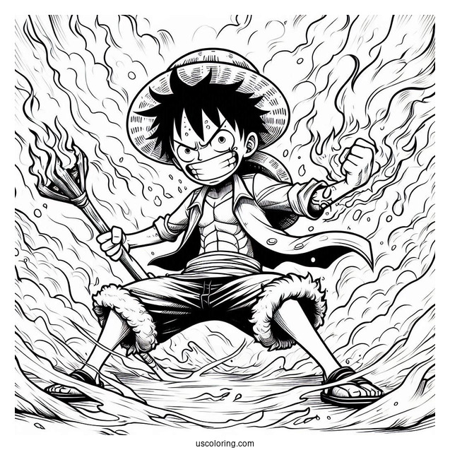 Luffy Coloring Page In Battle Mode Surrounded By Fire