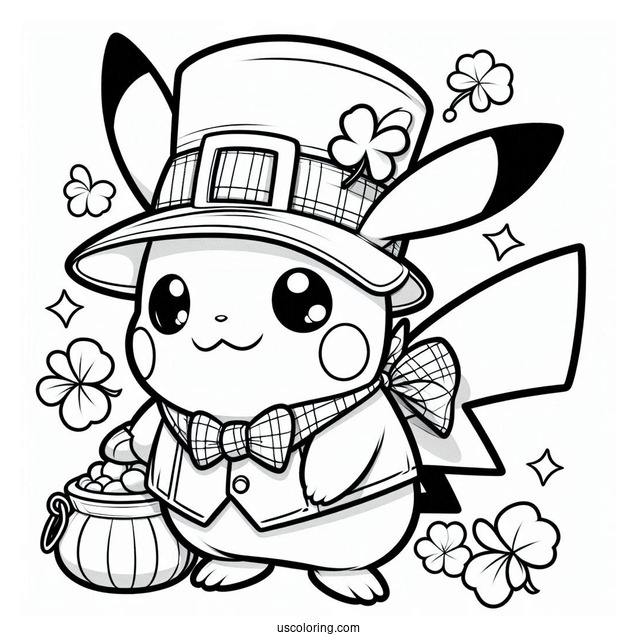 St. Patrick's Day Coloring Page Of Adorable Pikachu Dressed As A Leprechaun For Kids