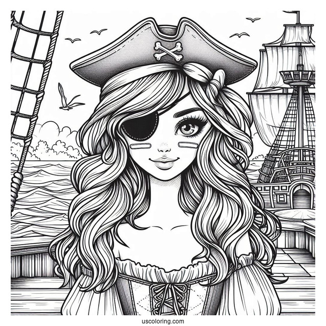 Pirate With Eyepatch On The Deck Of A Pirate Ship Coloring Page