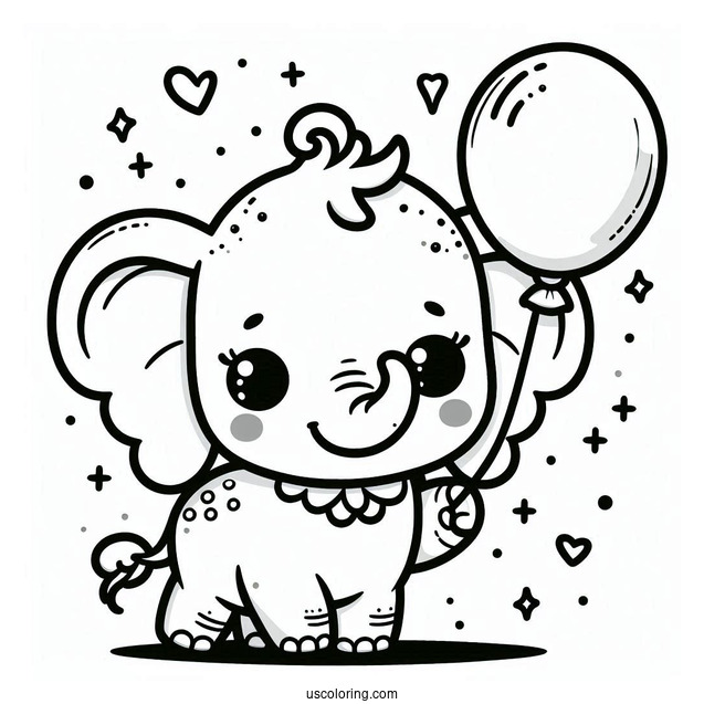 Kawaii Elephant Holding Balloon Coloring For Preschoolers