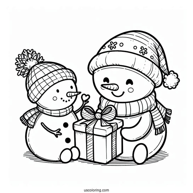 Adorable Snowman Giving a Present To Color