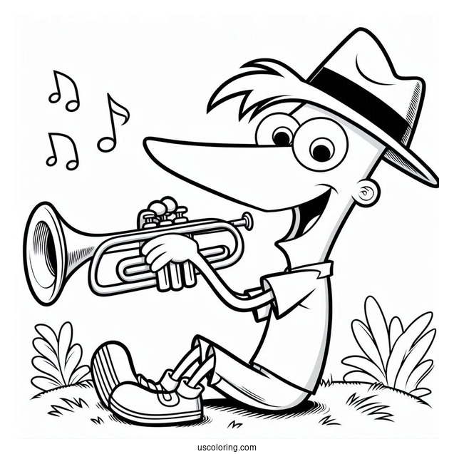 Phineas And Ferb Coloring Page Playing Trumpet For Kids