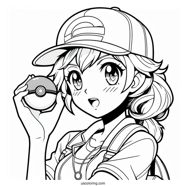 Pokemon Trainer Ash Holding Up A Pokéball Coloring Page