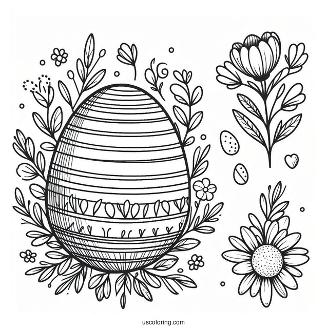Easter Egg With Stripes And Flowers Coloring Sheet