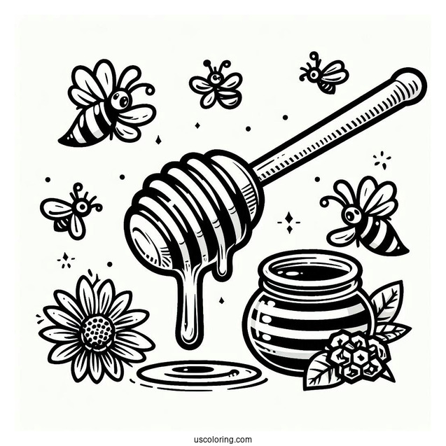 Honey Dipper Dripping With Honey And Surrounded By Bee Coloring Page