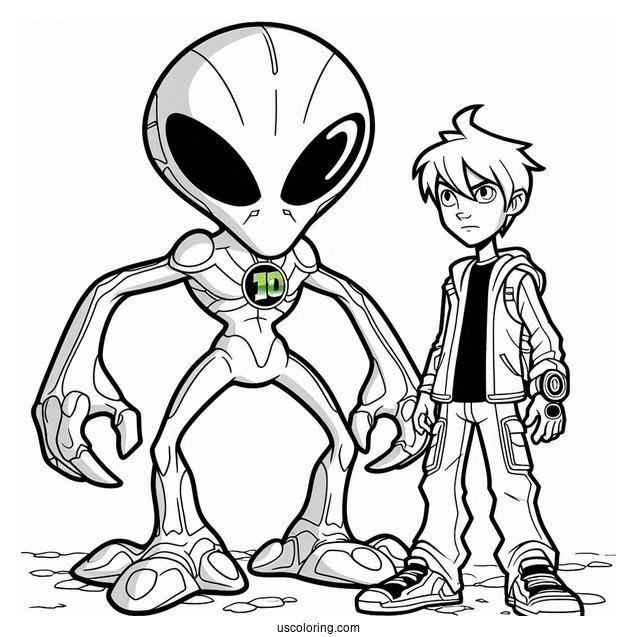 Ben 10 Coloring Page Of Feedback Alien Standing Behind Ben