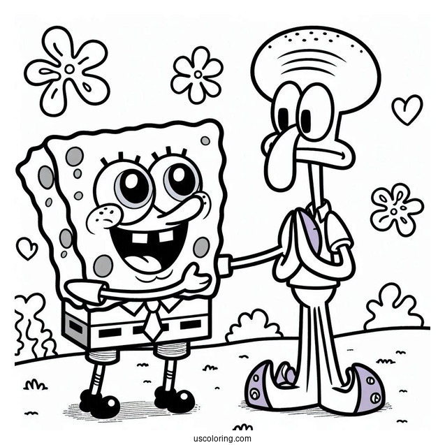 Cute SpongeBob Holding Squidward Coloring Page For Kids