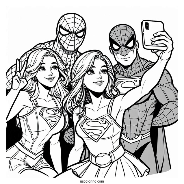 Spiderman, Superman, And Supergirl Coloring Page Taking A Selfie