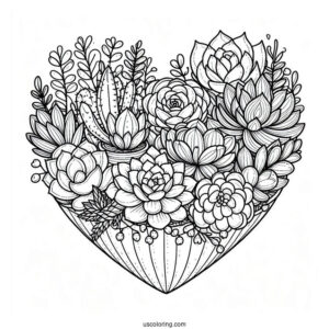 Various Succulent Coloring Page In A Heart Shaped Container