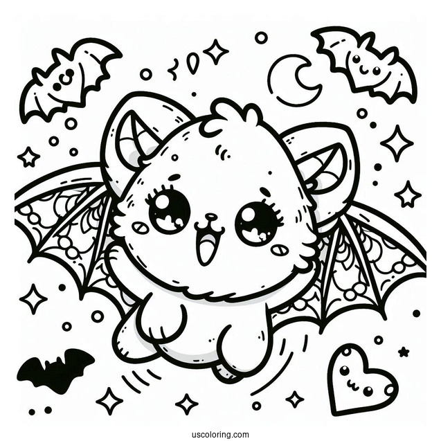 Kawaii Bat Coloring Page Flying For Preschoolers