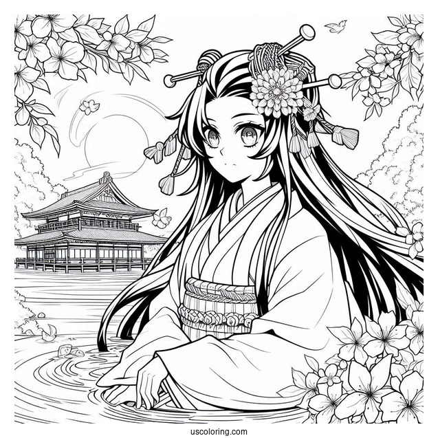 Tanjiro Coloring Page With Nezuko Kamado Surrounded By Water And Cherry Blossoms