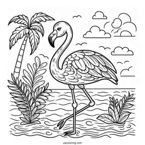 Coloring Page Of a Tropical Themed Flamingo
