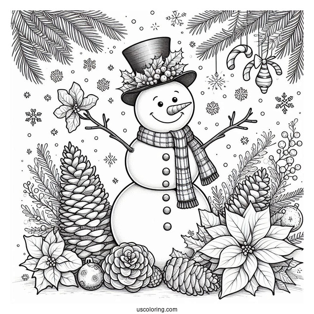 Christmas Coloring Pages For Adults Of Snowman With Top Hat Standing On Pinecones And Poinsettias