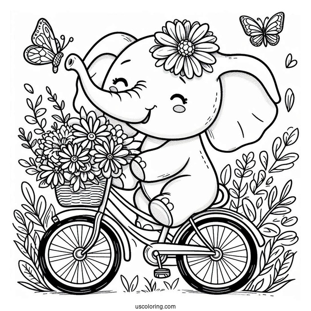 Cute Elephant On A Small Bicycle Coloring Page