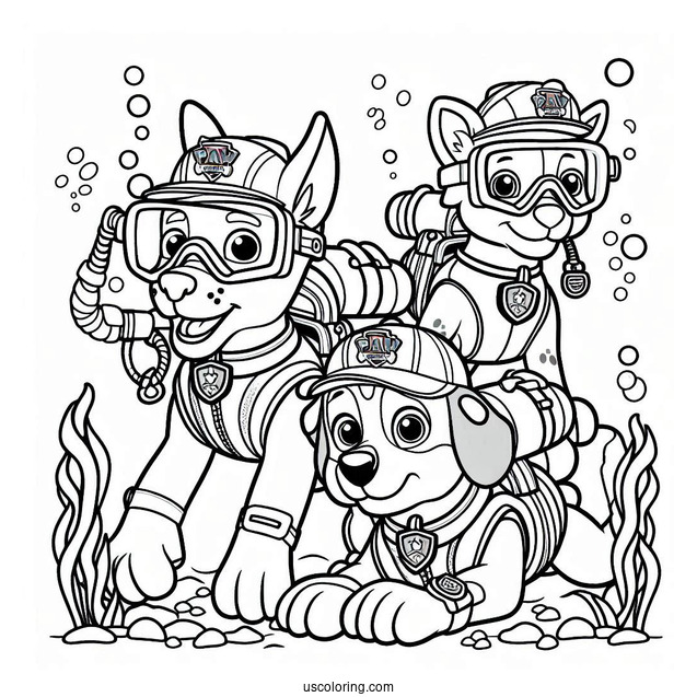 Paw Patrol Dogs Scuba Diving Coloring Page
