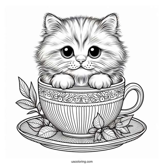 Coloring Page Of Realistic Cat Inside Teacup